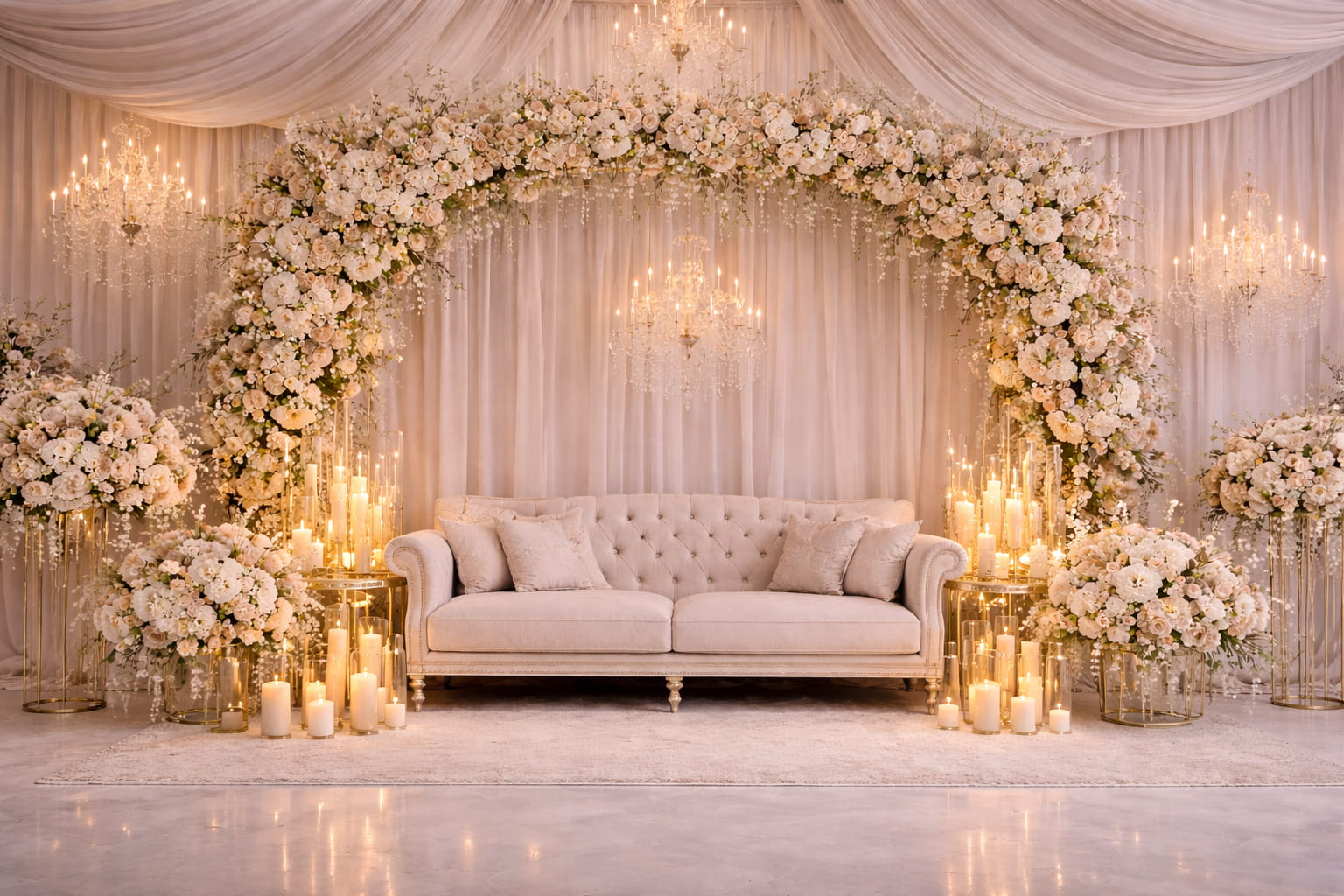 Elegant ivory wedding backdrop with florals and seating by Khwaab Events
